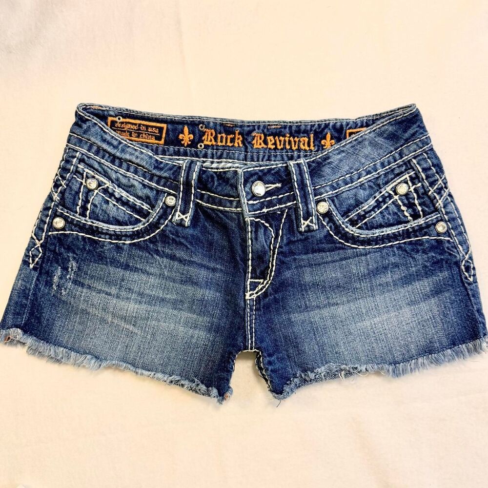rock revival scarlett short low rise micro shorts dark wash heavy embroidery